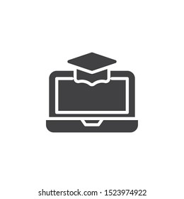 Laptop with academic cap vector icon. E-learning filled flat sign for mobile concept and web design. Online education glyph icon. Symbol, logo illustration. Vector graphics