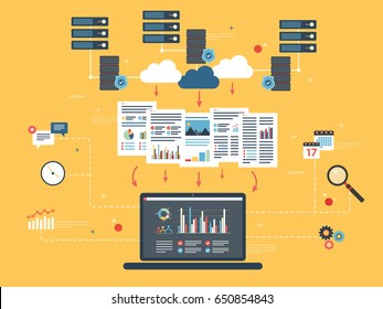Laptop accessing data from cloud computers. Concepts big data analysis, data mining, cloud computing devices, data network and business intelligence. Flat vector illustration.
