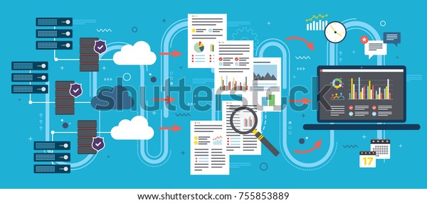 Laptop accessing\
data from cloud computers. Concepts big data analysis, data mining,\
cloud computing devices, data network and business intelligence.\
Flat vector\
illustration.