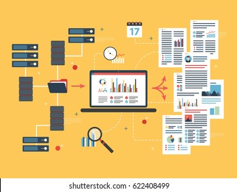 Laptop accessing server files in network and extract information. Concepts data mining or business intelligence processing for decision making. Flat vector illustration.