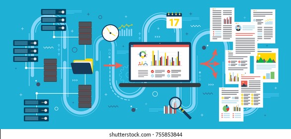 Laptop accessing server files in network and extract information. Concepts data mining or business intelligence processing for decision making. Flat vector illustration.