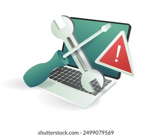 Ein Laptop mit einem Schraubenschlüssel und einem Warnzeichen, das auf Reparatur- oder Vorsichtsmaßnahmen bei der Benutzung hinweist