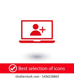 Laptop add user icon vector. Vector web design