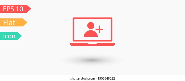 Laptop add user icon vector. Vector web design