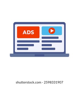 Laptop Ads Flat design style, laptop screen displaying advertisements, symbolizing online marketing, useful for business, digital ads, and e-commerce projects.