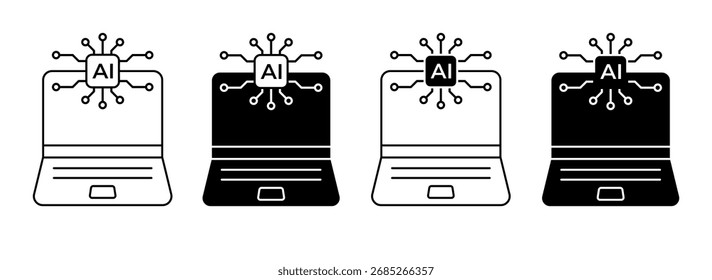 Laptop with AI Icon Set. Artificial Intelligence technology symbols for mobile apps. Vector Illustration