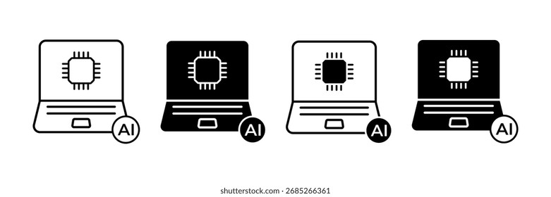 Laptop mit AI Icon Set. Symbole der künstlichen Intelligenz-Technologie für mobile Apps. Vektorgrafik