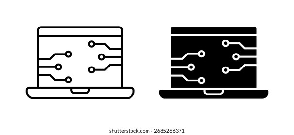 Portátil con AI Icon Set. Símbolos de tecnología de Inteligencia Artificial para App móviles. Ilustración vectorial