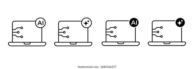 Laptop with AI Icon Set. Artificial Intelligence technology symbols for web services and modern applications