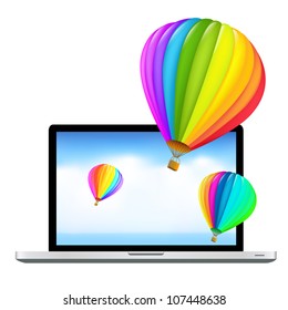 Laptop With Air Balloons, Isolated On White Background, Vector Illustration
