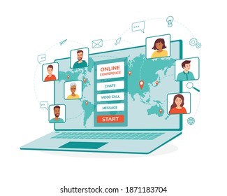 Laptop in the air with open application for video conference, online meeting on display. Abstract concept of remote work, chatting, video call. Isolated vector illustration in flat cartoon style