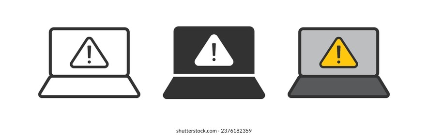 Icono de alerta de portátil. Símbolo de la pantalla de advertencia. Señales de informe de equipo. Símbolos de atención. Iconos de error. Negro, color plano. Signo aislado del vector.