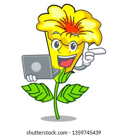 With laptop allamanda flower in the shape cartoon