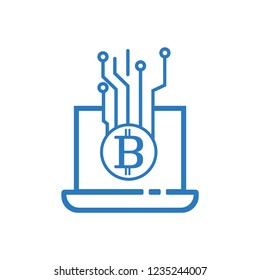 A laptop along with some nodes having bitcoin symbol inside