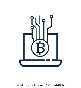 A laptop along with some nodes having bitcoin symbol inside