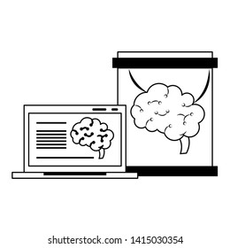 Laptop analizing brain in flask artificial intelligence vector illustration graphic design