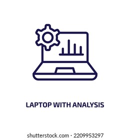 Laptop mit Analysesymbol aus der Sammlung von Business und Analytics. Dünner linearer Laptop mit Analyse, Laptop, Plan Umriss Symbol einzeln auf weißem Hintergrund. Line Vektor Laptop mit Analysezeichen, 