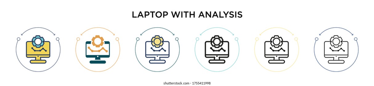 Laptop with analysis icon in filled, thin line, outline and stroke style. Vector illustration of two colored and black laptop with analysis vector icons designs can be used for mobile, ui, web