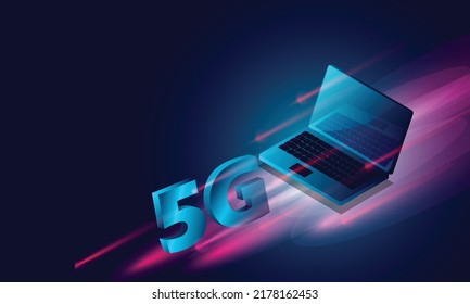 Laptop analysis processing. 5G Speed concept, structure isometric vector , Database. technology background , software development and programming. Computer data visualization.