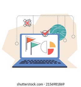 Laptop with analytics charts and data graphs. Business analysis accounting and statistics emblem, flat vector illustration isolated on white background.