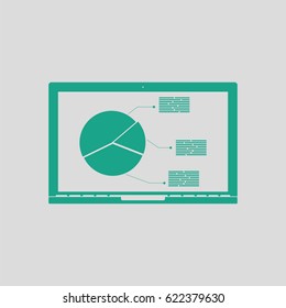 Laptop with analytics diagram icon. Gray background with green. Vector illustration.