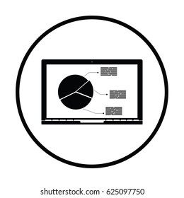 Laptop with analytics diagram icon. Thin circle design. Vector illustration.