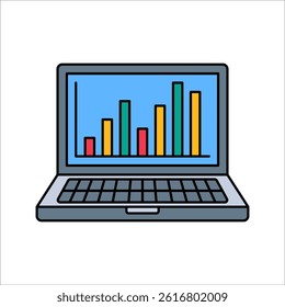 Laptop Analytics Flat design style, laptop with red graph screen, symbolizing data analysis, ideal for finance presentations and business dashboards