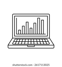 Laptop Analytics Outline style, laptop with graph screen, symbolizing data analysis, ideal for finance presentations and business dashboards