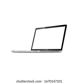 Laptop in angled position with blank screen 3d vector illustration isolated on white background. Open notebook empty display or monitor realistic mockup.