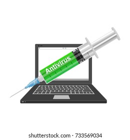 Laptop with antivirus injection needle,Technology concept on white background