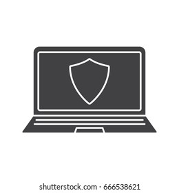 Laptop antivirus program glyph icon. Security silhouette symbol. Notebook with protection shield. Negative space. Vector isolated illustration