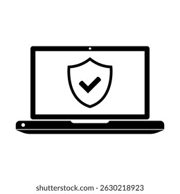 Laptop antivirus shield security icon.  Laptop protection icon. Laptop and shield icon. Internet security concept. Identification and protection symbol.	