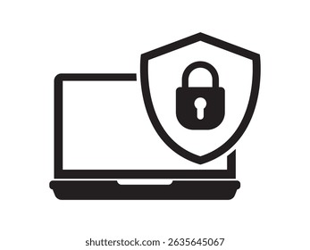 Laptop antivirus shield security icon.  Laptop protection icon. Laptop and shield icon. Internet security concept. Identification and protection symbol.