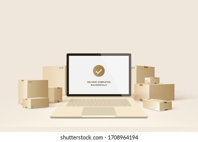 Laptop with APP parcel delivery. Brown boxes with shadow and mobile. Concept vector illustration