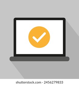 Laptop approval Vector icon. Check mark on screen symbol. Task completion concept. Simple flat design.