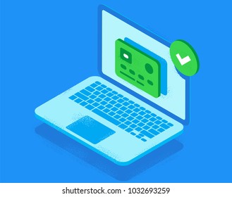 Laptop approved your card. Approved payment. Isometric illustration.