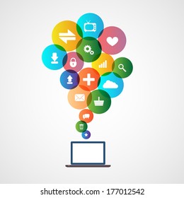 laptop with apps cloud, install new apps concept