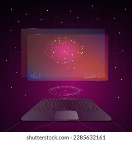Portátil con inteligencia artificial del cerebro en la pantalla. Ilustración de la tecnología de vector