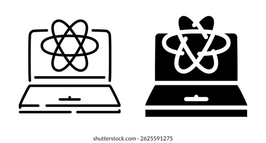 Laptop com símbolo de átomo para pesquisa científica. Ícone de linha e silhueta.