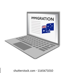 Laptop With The Australia Visa Immigration Logo On Screen. Austral Flag With Stars Symbol. Concept Of Migration Programs, Services And Citizenship Card, Visa Services Lawyer Or Citizenship Passport