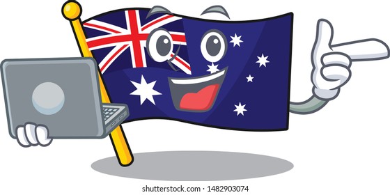 With laptop australian flag clings to cartoon wall