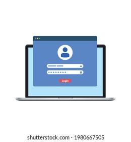 Laptop with authorization, login and password of the user to the system or account, vector flat illustration