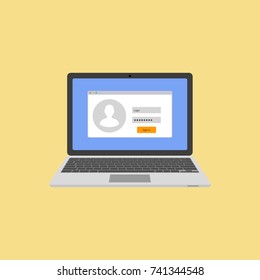 Laptop with authorization on the screen. Login and password of the user. Login to the system or account. Vector illustration