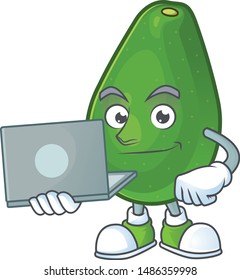 With laptop avocado fruit character on white background