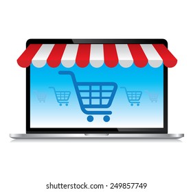 Laptop with awning and basket on line shop, e-commerce ideas, Vector illustration