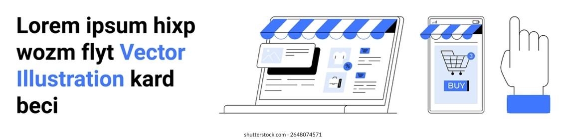 Laptop com toldo, smartphone mostrando carrinho de compras e botão COMPRAR. Ponto do cursor da mão. Ideal para lojas online, marketing digital, e-commerce, aplicativos móveis, sites de varejo, promoções de produtos