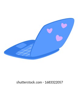 Laptop Back View, Blue Color With Pink Hearts Stickers. Hand Drawn Simple Flat Computer For Poster, Banner, Postcard. Stock Vector Illustration Isolated On White Background.