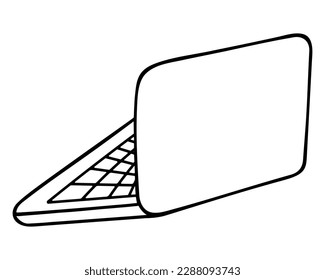 Laptop back view. Portable personal computer for work or study. Electronic device. Vector illustration. Doodle style. Outline on isolated background. Sketch. The screen is hidden. Smart technology.