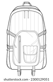 laptop backpack with safety buckles flat sketch vector illustration technical cad drawing template