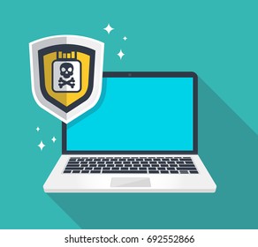Laptop with badge virus device. Concept of virus, piracy, hacking and security. Flat vector illustration.